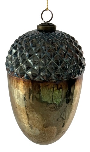 Bombka szklana żołądź XL, antyczne srebro niebieski wierzch, 20 cm