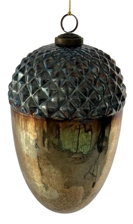 Bombka szklana żołądź XL, antyczne srebro niebieski wierzch, 20 cm