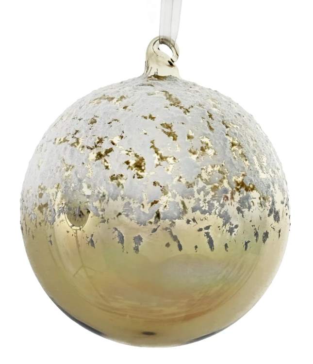 Bombka szklana zielono-złota, efekt śniegu, vintage, 12 cm