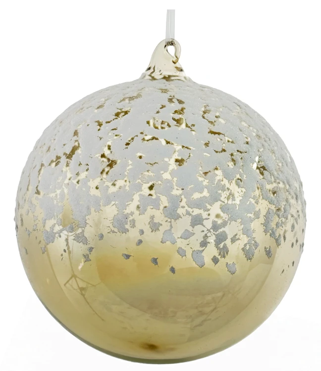 Bombka szklana zielono-złota, efekt śniegu, vintage, 15 cm