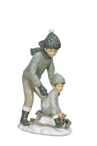 Figurka dzieci na sankach, zielono-biała, polyresin