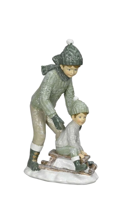 Figurka dzieci na sankach, zielono-biała, polyresin