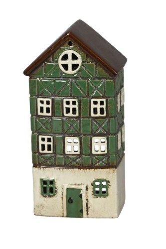 Lampion ceramiczny domek szachulcowy zielony, wysoki