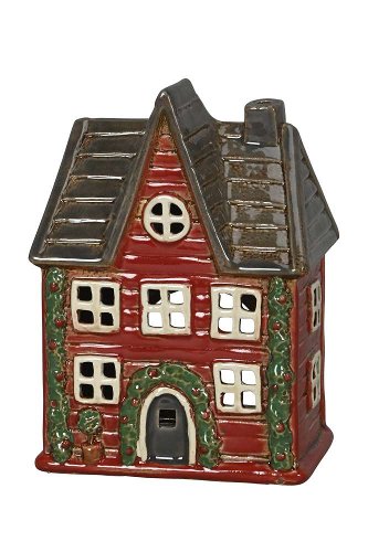 Lampion ceramiczny domek czerwony z wieńcem