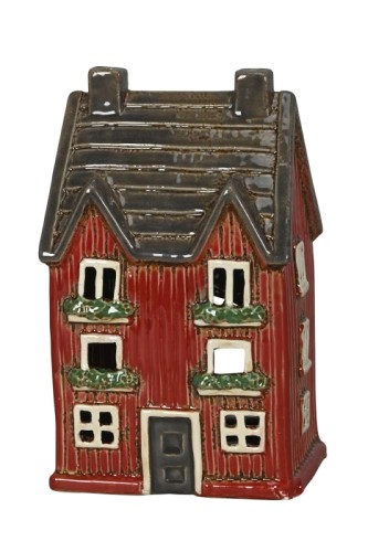 Lampion ceramiczny domek czerwony, dwa kominy