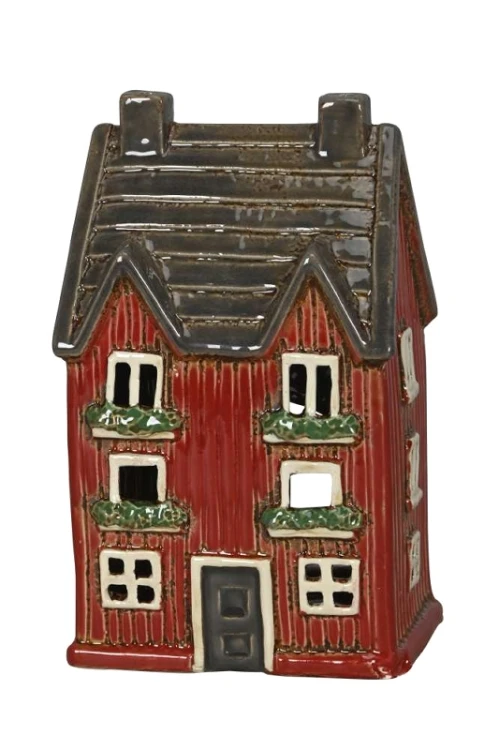 Lampion ceramiczny domek czerwony, dwa kominy