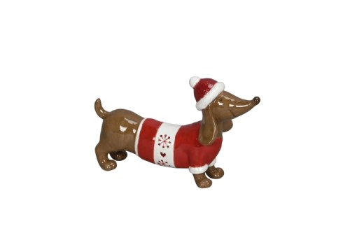 Figurka ceramiczna jamnik w sweterku, czapka Mikołaja