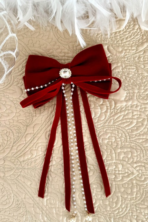 welurowa spinka do włosów czerwona kokarda 2