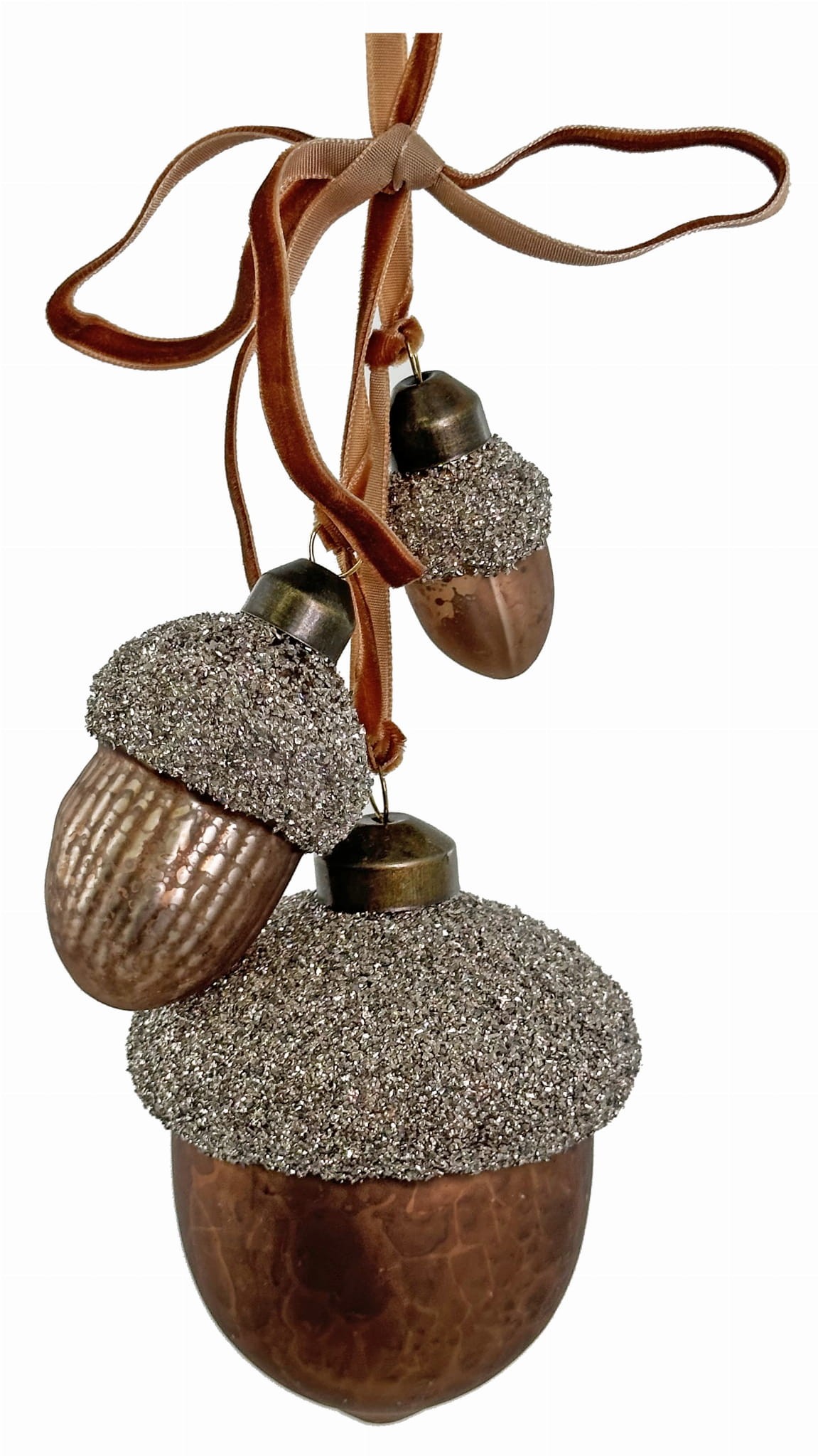 3 bombki, szklane żołędzie, antyczny brąz,30 cm