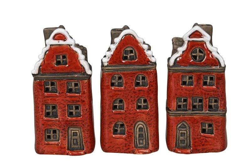 Domek dekoracyjny ceramiczny, kamionka czerwono-biała, wys. 11 cm, zestaw 3 wzory