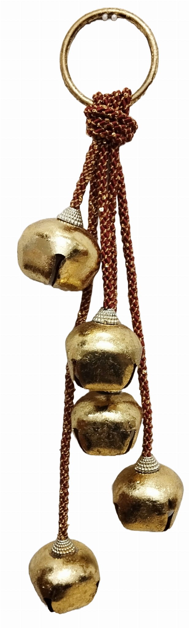 Dzwonki świąteczne złote vintage JINGLE BELL, wiszące na sznurku jutowym (5 dzwonków na jednym sznurku)