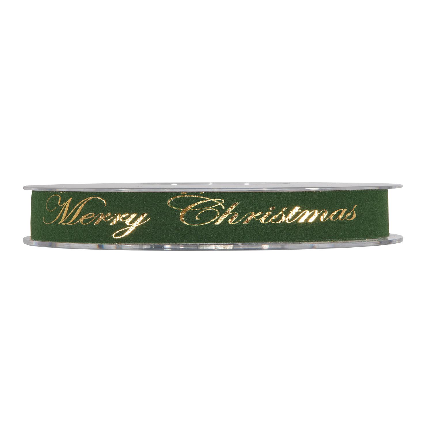 Wstążka z napisem Merry Christmas – ciemnozielona, ze złotym kaligraficznym nadrukiem, nawinięta na przezroczystą szpulę, na białym tle.